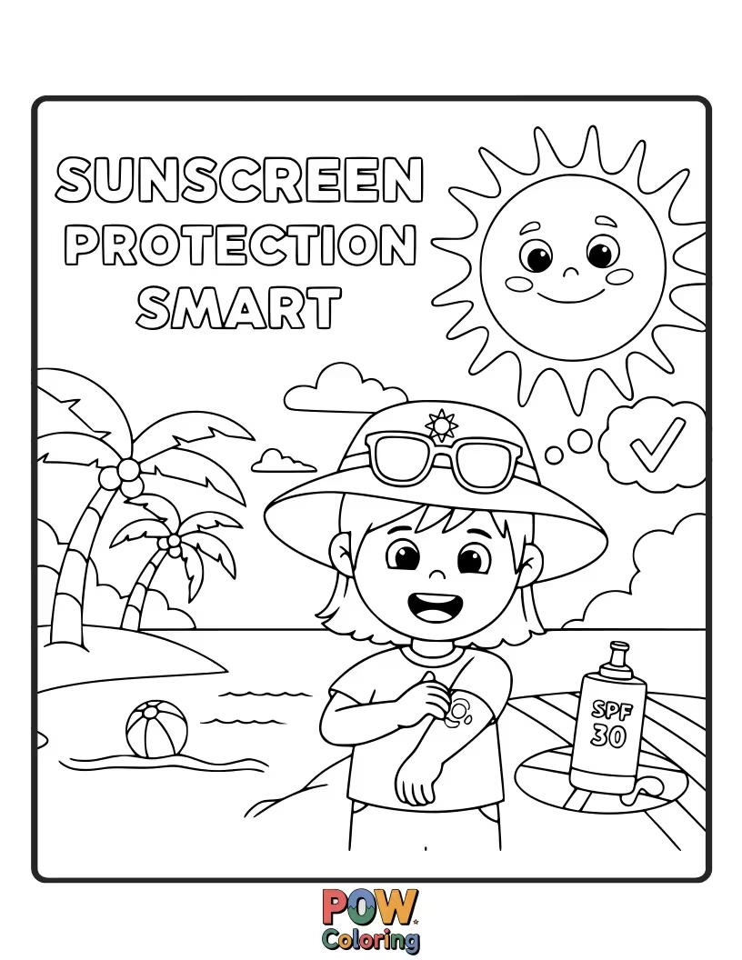 Free coloring page of A child applying sunscreen with a smile. Learn about protecting your skin from the sun's rays.
