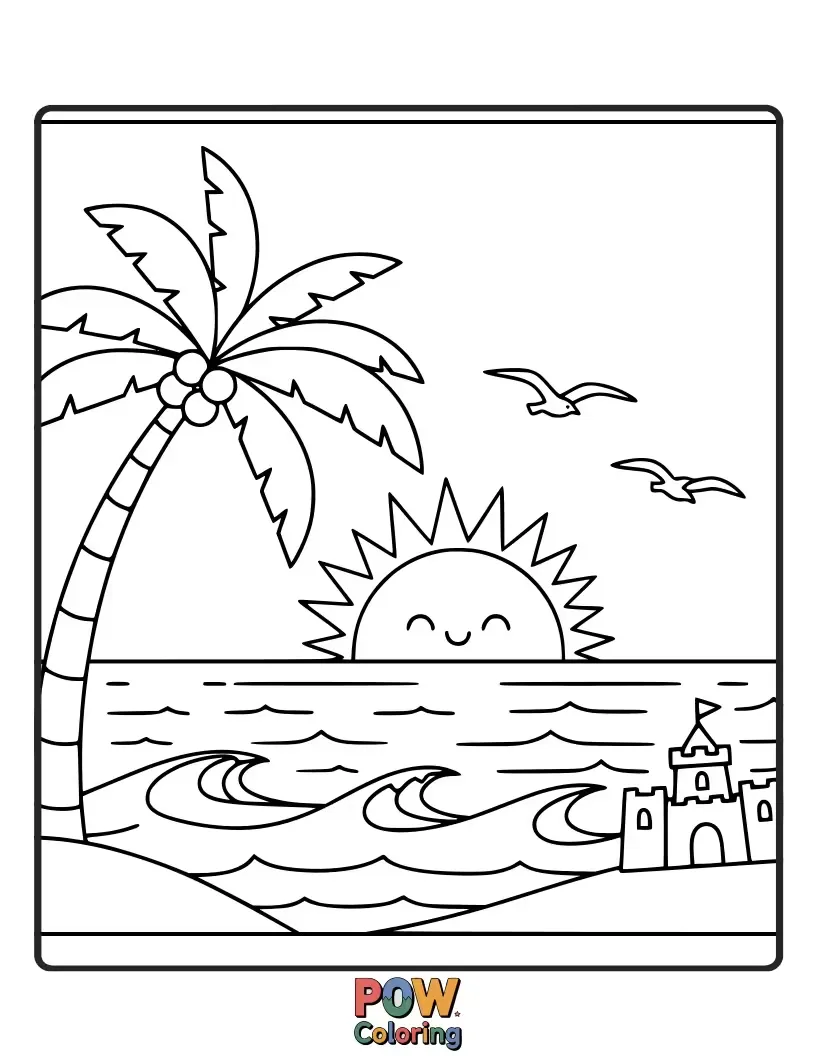 Free coloring page of A breathtaking scene of a colorful sunset casting a warm glow over a tranquil beach with gentle waves.