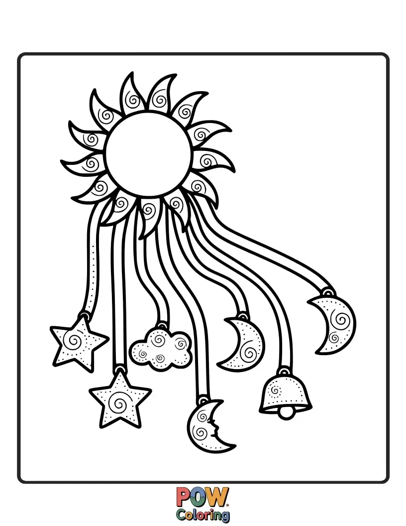 Free coloring page of Playful wind chimes shaped like suns and swirls, basking in warm sunlight.