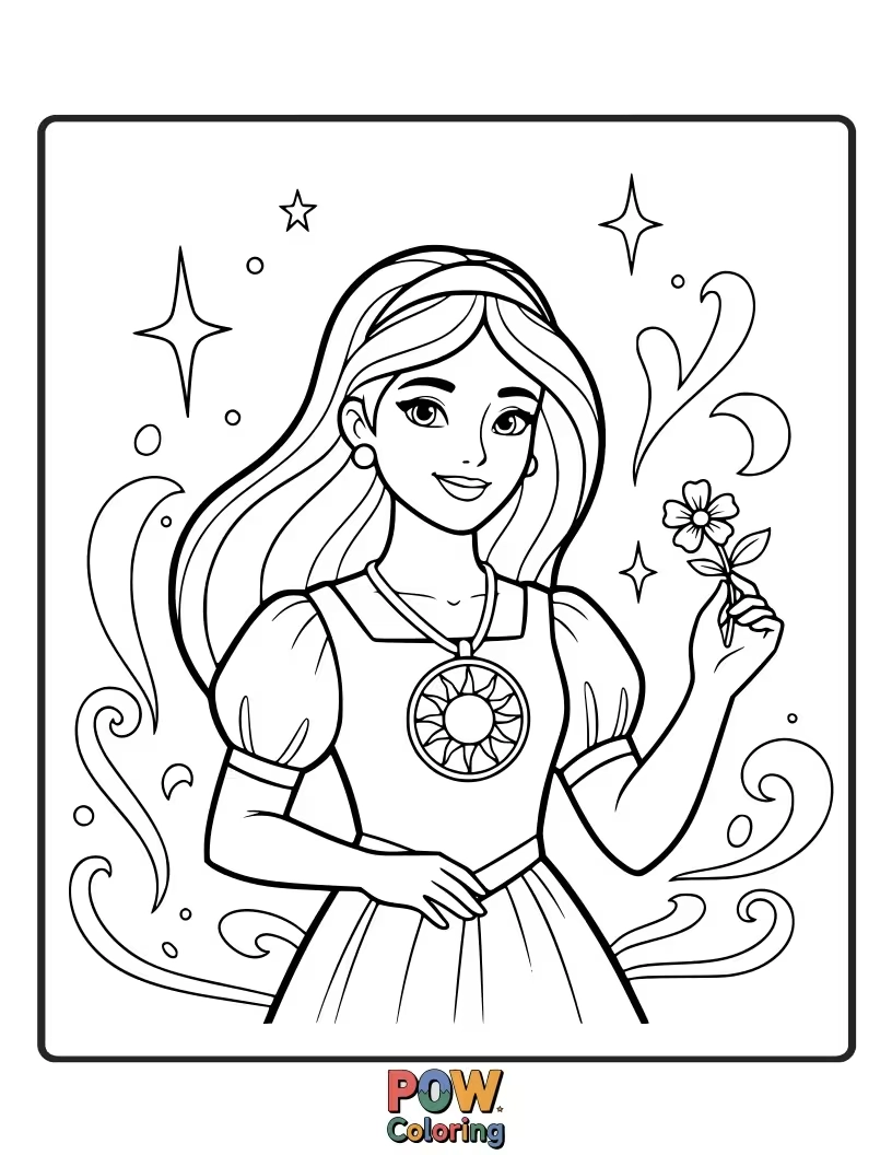 Free coloring page of A princess wearing a sunstone pendant that glows with warmth and energy.