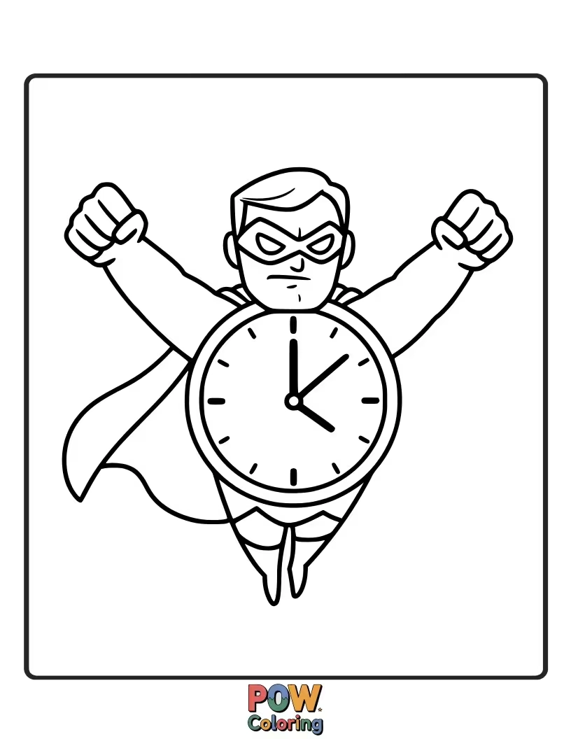 Free coloring page of A dynamic clock with comic book style elements and possibly a hero silhouette.