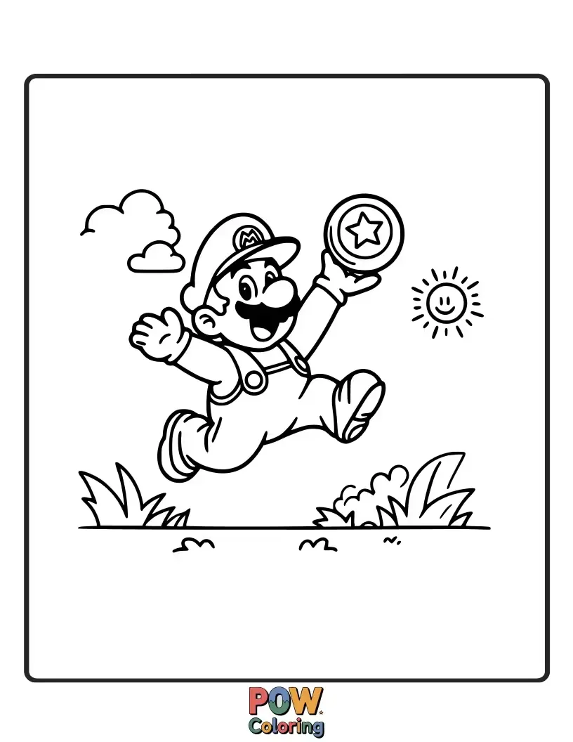 Free coloring page of A happy Super Mario jumps to catch a floating coin.