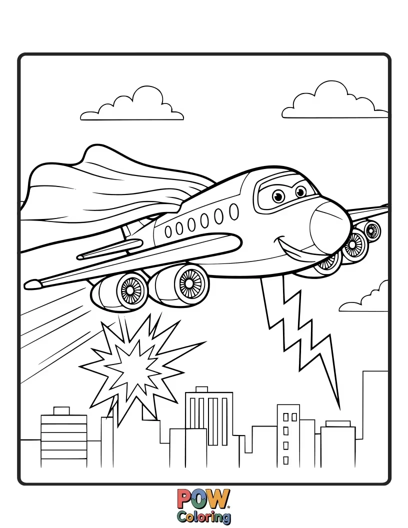 Free coloring page of A mighty airplane with a cape and mask zooms through the sky, ready to save the day with heroic speed.