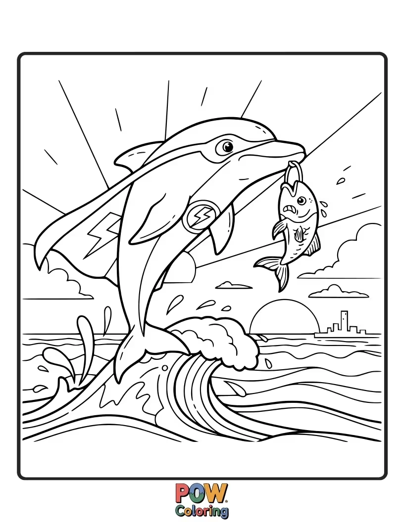 Free coloring page of With a cape and a determined look, this dolphin is ready to save the day!