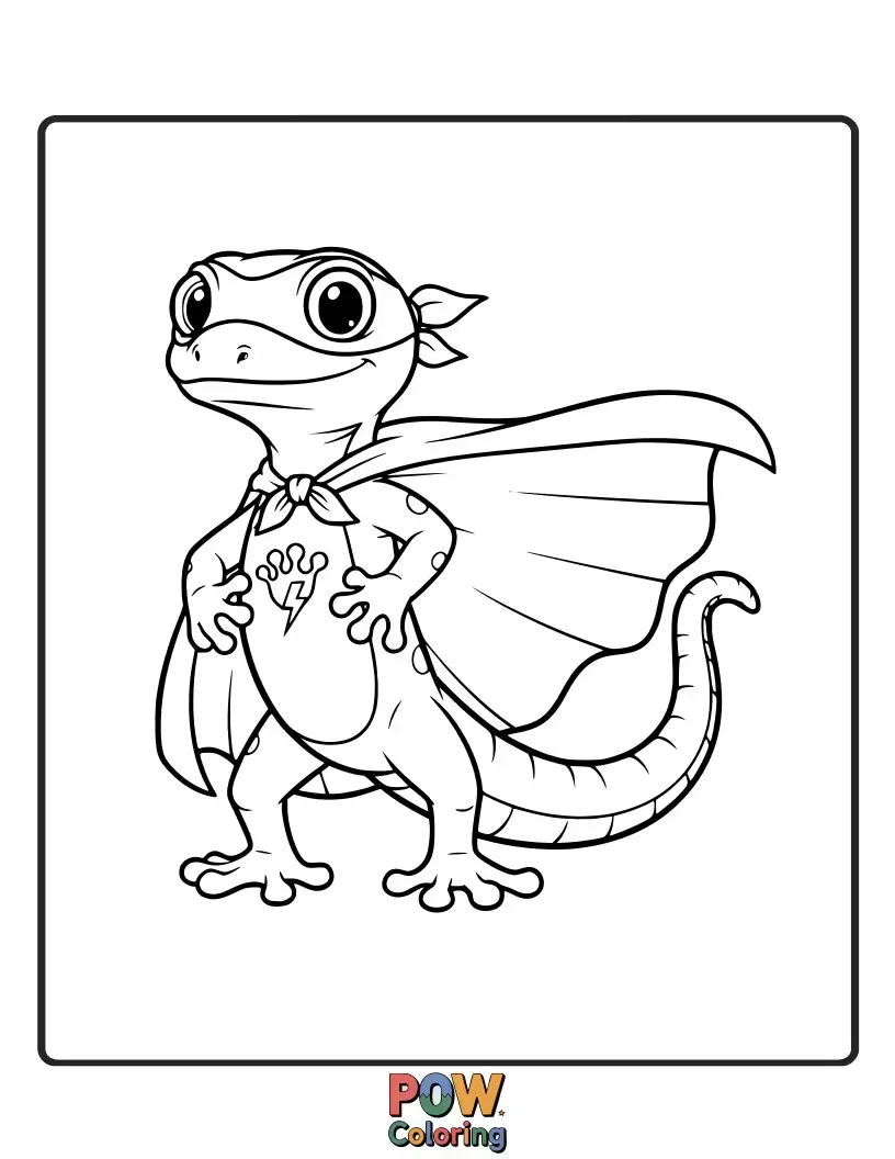 Free coloring page of A gecko lizard in a cape and mask, ready to leap into action against evil villains!