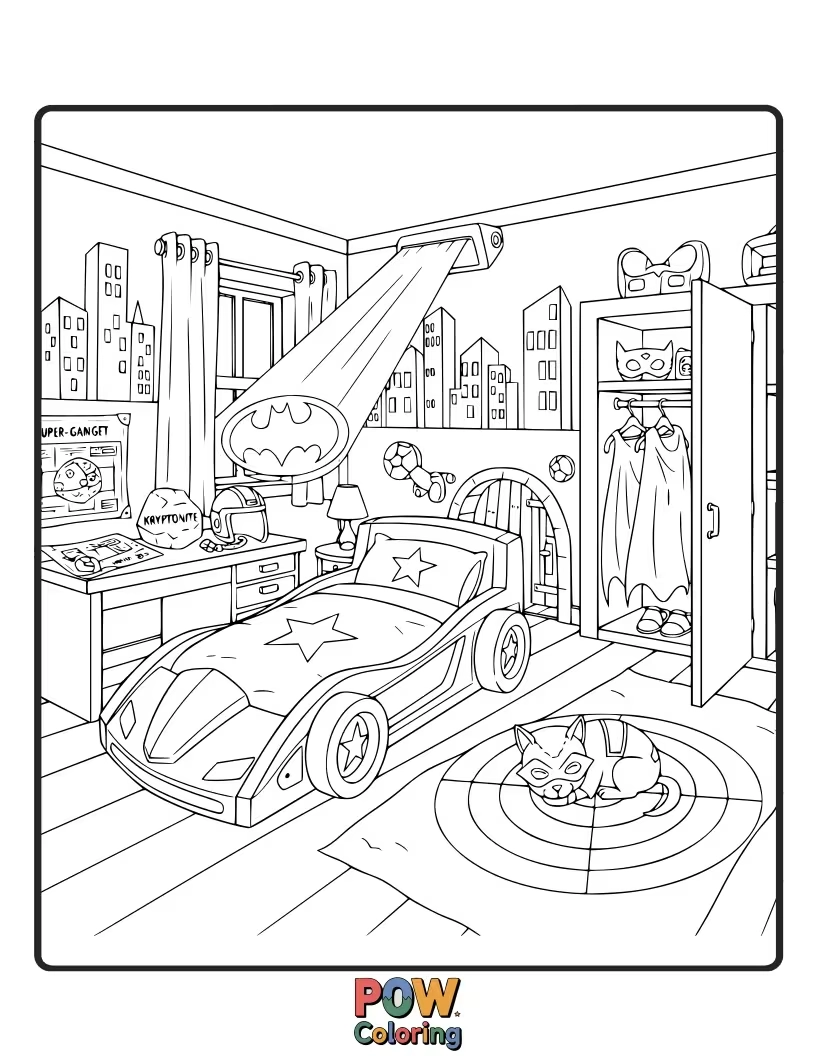 Free coloring page of Capes, masks, and a secret passage await in this action-packed room for aspiring crime fighters.