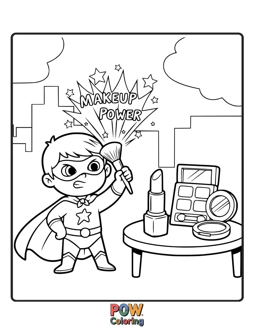 Free coloring page of A powerful superhero posing with makeup tools as weapons. Fight drabness with vibrant colors and a touch of glamour.