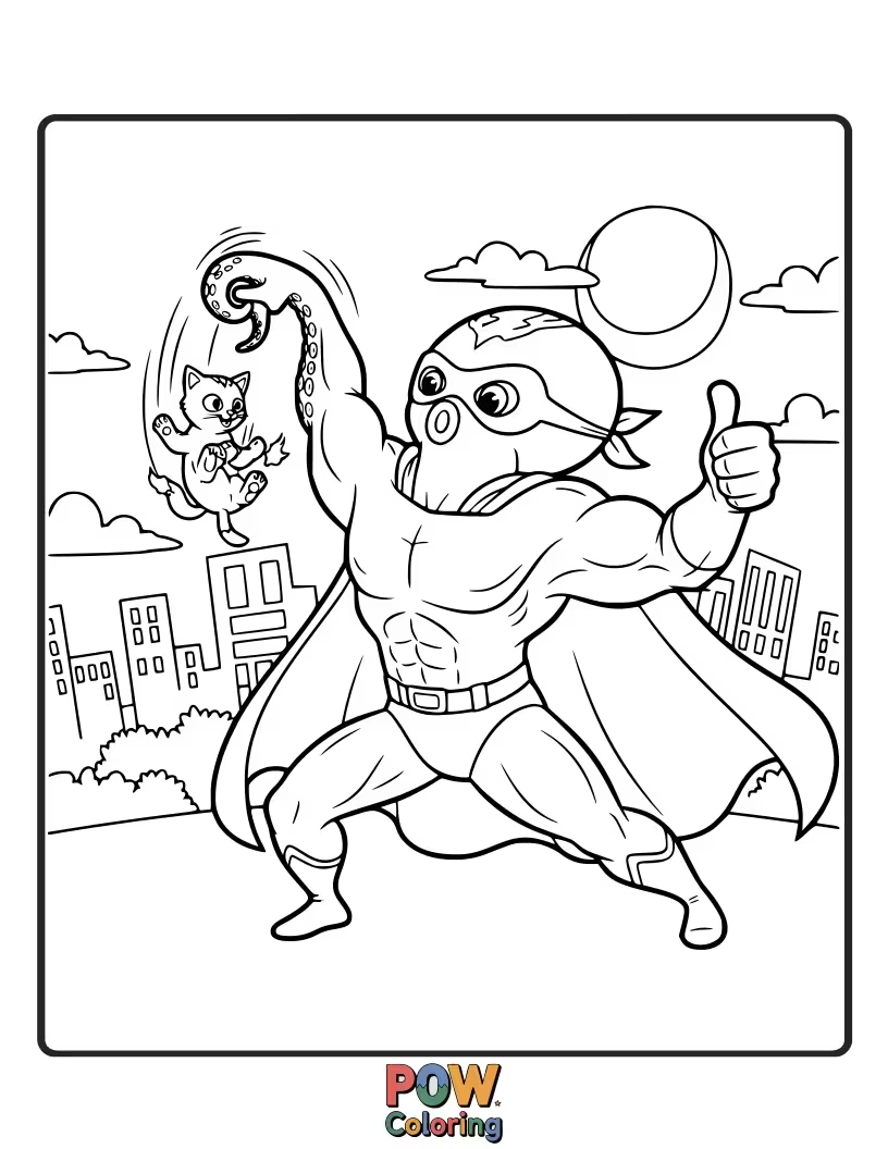 Free coloring page of A brave octopus in a cape and mask, using its many arms to rescue tiny sea creatures from danger.