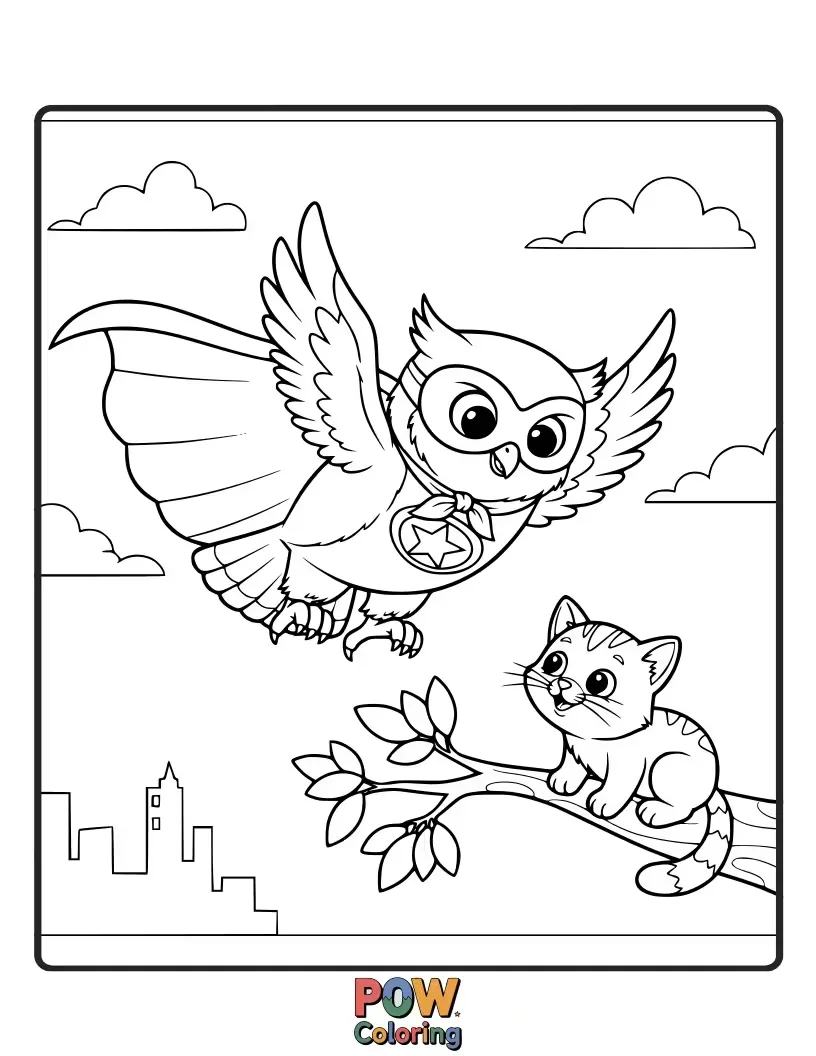 Free coloring page of A brave owl in a cape and mask, soaring through the sky with determination.