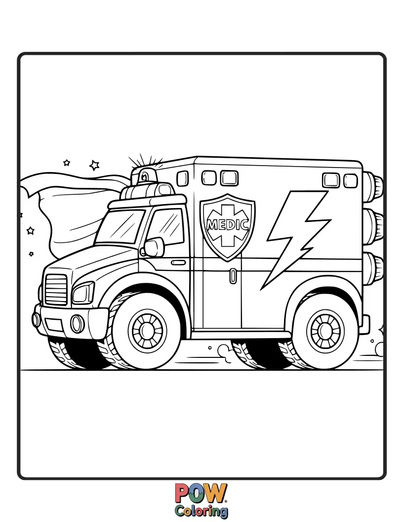 Free coloring page of A strong and fast ambulance with superhero capes and lightning bolt details.