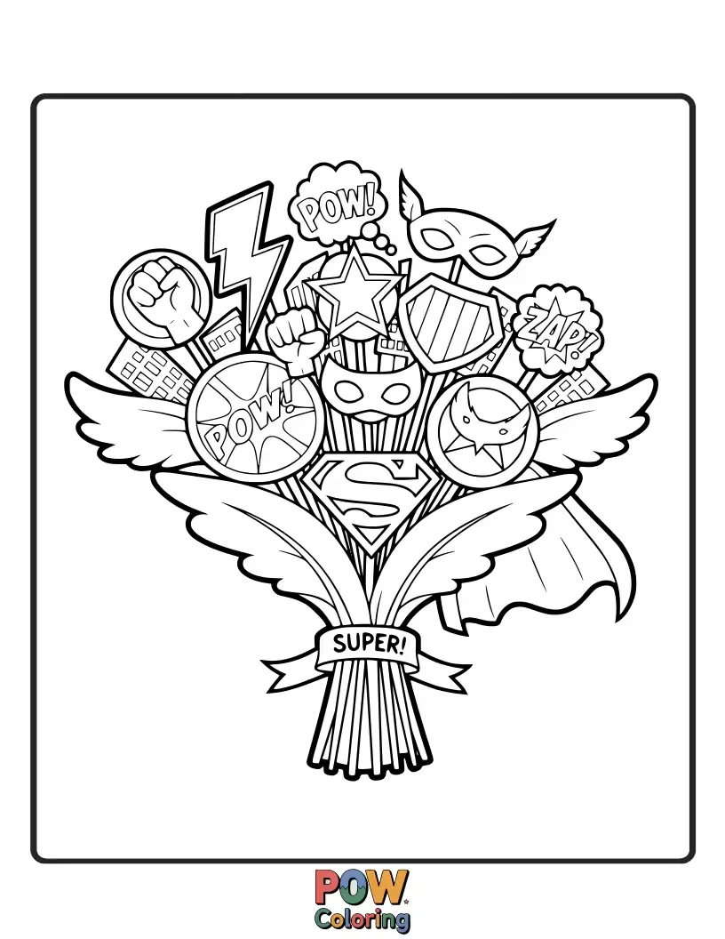 Free coloring page of A heroic bouquet bursting with vibrant colors and emblem accents of superhero powers.