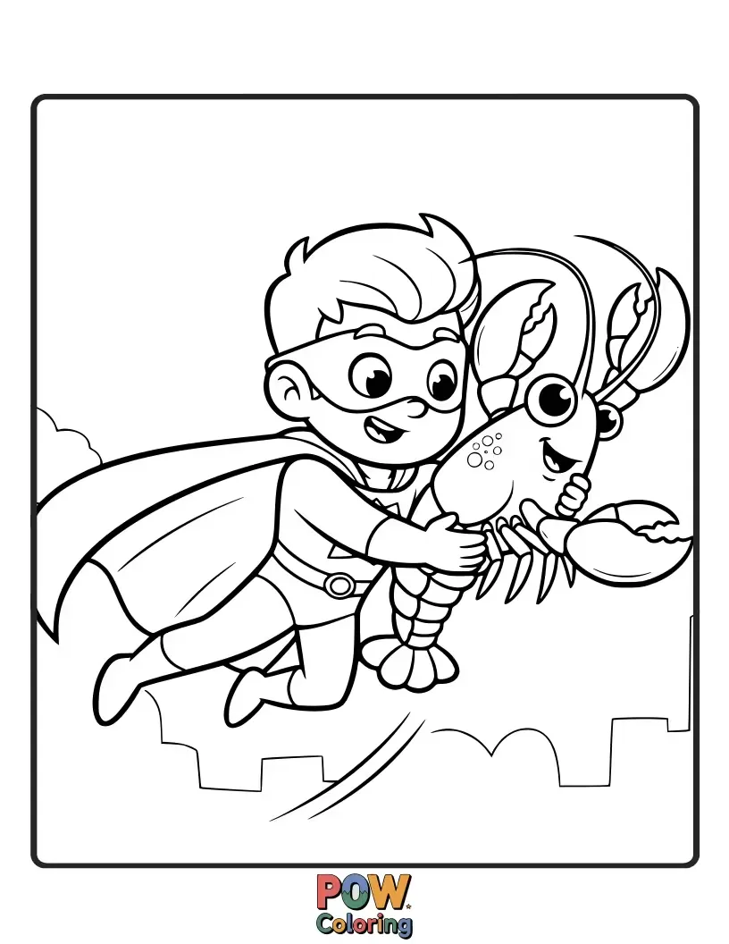 Free coloring page of A powerful lobster in a cape, swooping in to save the day, with determination and a heroic pose.