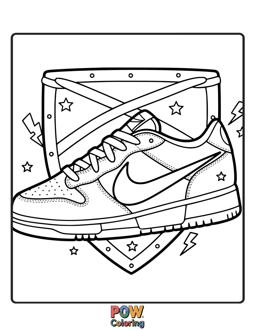 Free coloring page of A dynamic Nike shoe emblazoned with a superhero shield, ready to save the day with vibrant colors.
