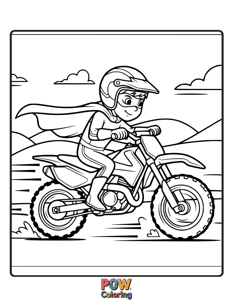 Free coloring page of A powerful dirt bike with superhero insignias, ready to zoom into action on a cityscape backdrop.