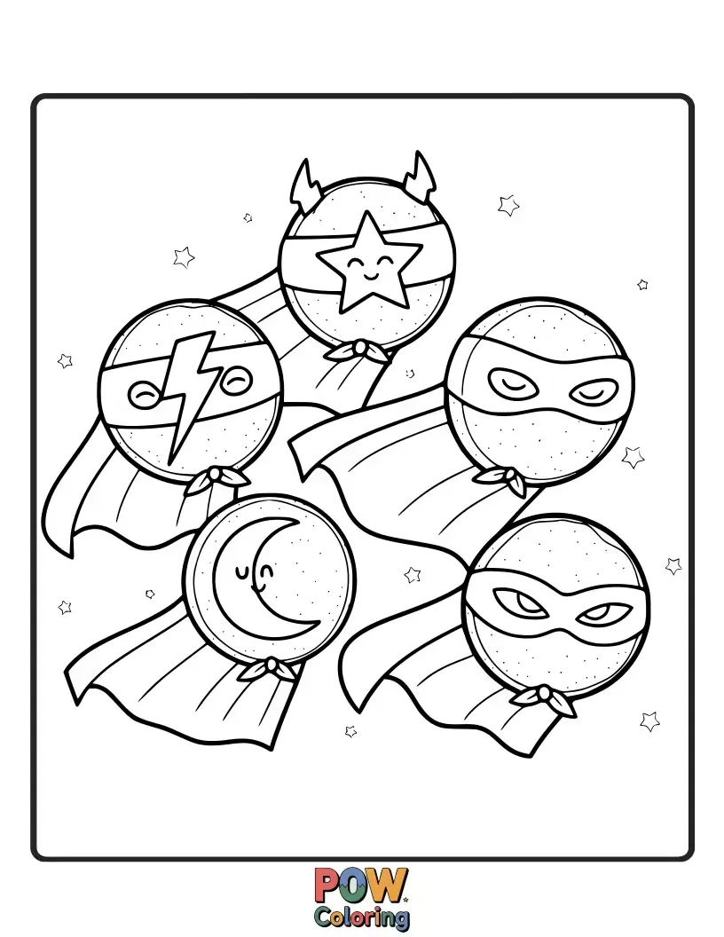 Free coloring page of Dynamic cookies shaped like caped crusaders and powerful symbols. Save the day with bold, heroic colors!