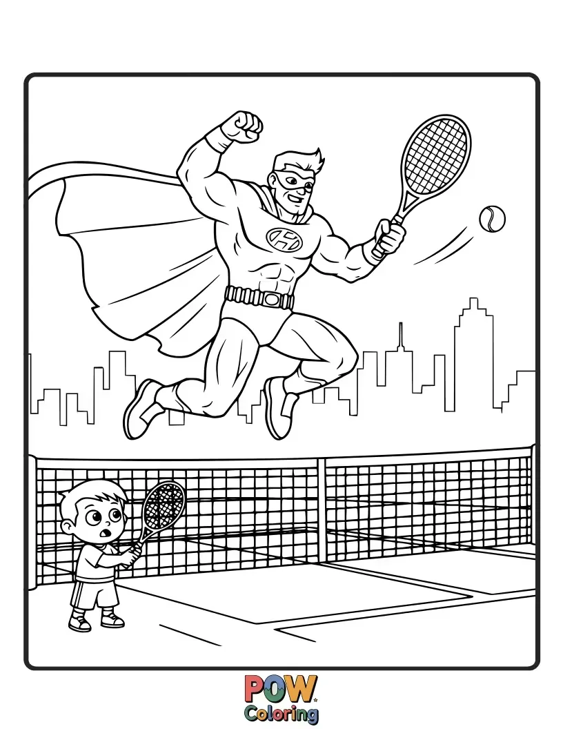 Free coloring page of A superhero in costume practicing tennis serves, with a cape billowing dramatically in the wind.