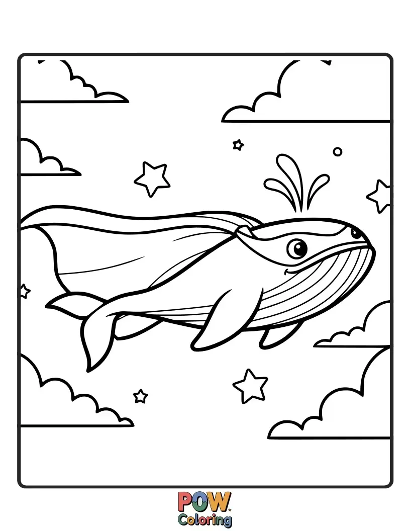 Free coloring page of A mighty whale with a flowing cape, soaring through the ocean depths with a determined and heroic expression.