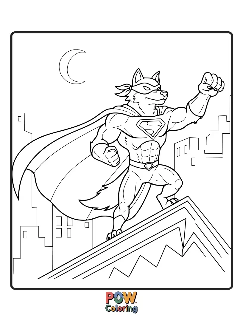 Free coloring page of A dynamic wolf in a cape soars through the sky, ready to save the day.