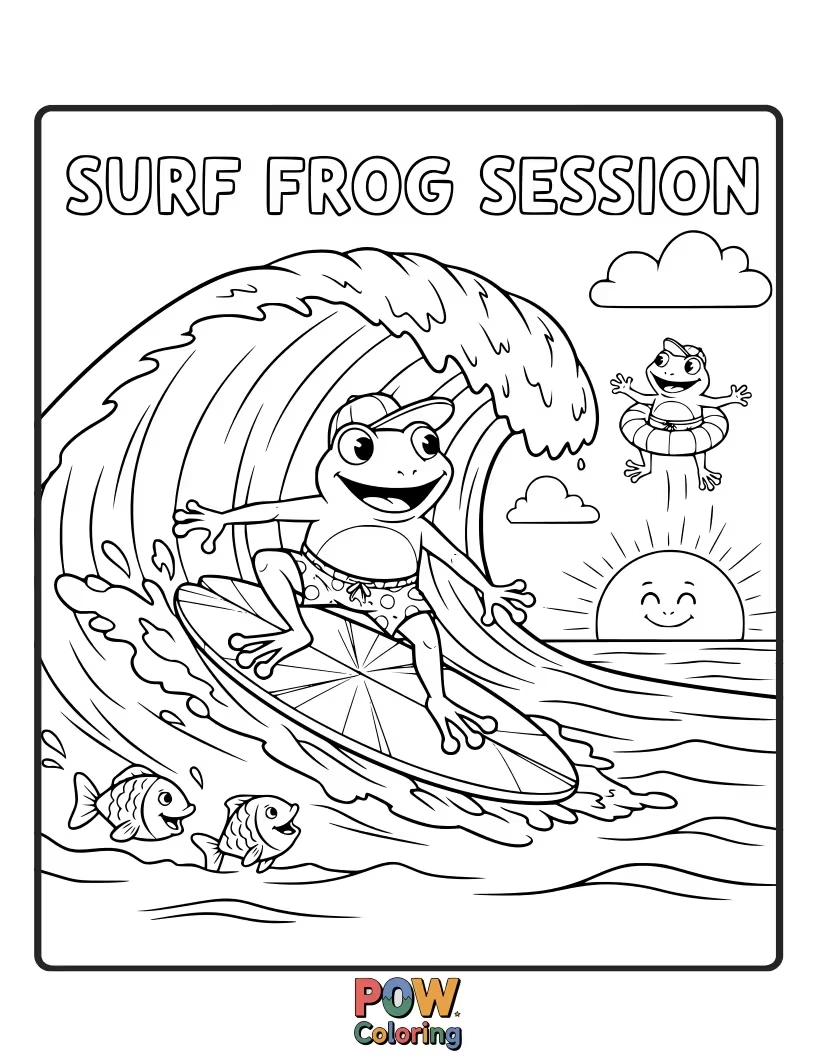 Free coloring page of Catching a wave on a surfboard, this cool frog is ready for some sunny beach fun. Color this laid-back surfer dude!