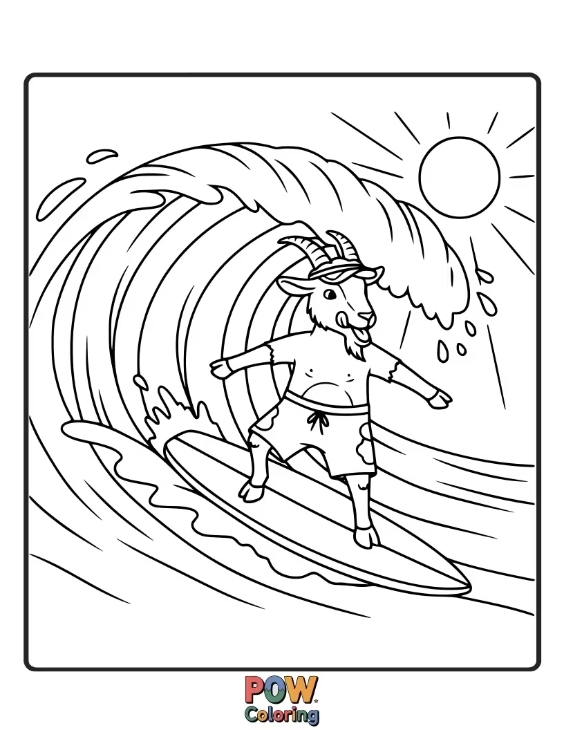 Free coloring page of A cool goat on a surfboard, expertly balancing on a stylized ocean wave, with a sunny disposition.