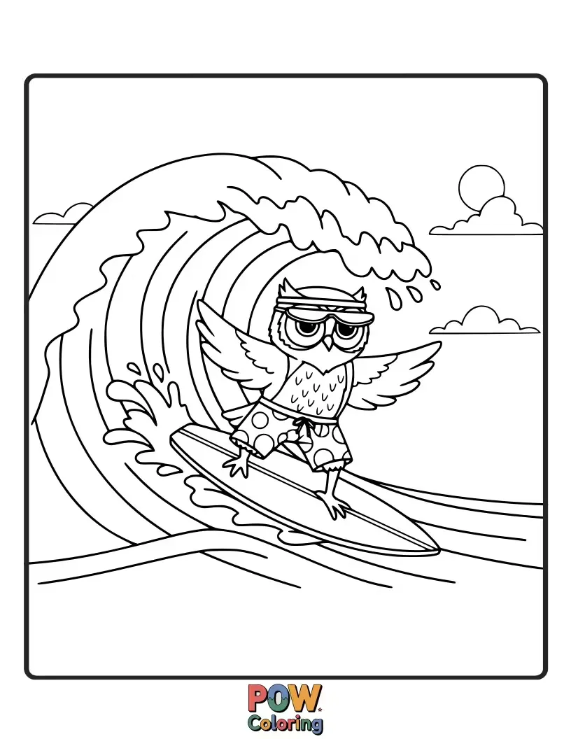 Free coloring page of A cool owl on a surfboard, riding a giant ocean wave with a smile.