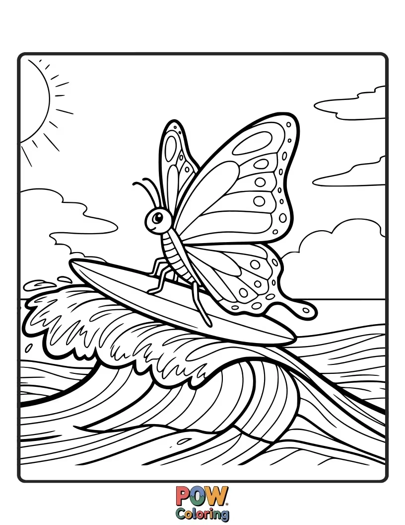 Free coloring page of A cool butterfly with surfboard wings, riding a giant, colorful wave with a triumphant expression. Totally radical!