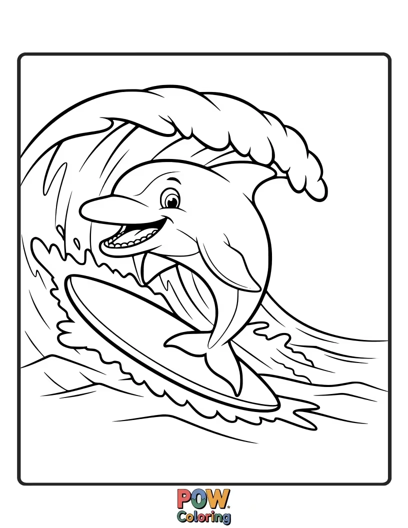 Free coloring page of A happy dolphin riding a giant wave, showing off a huge, toothy grin. Perfect for little artists.