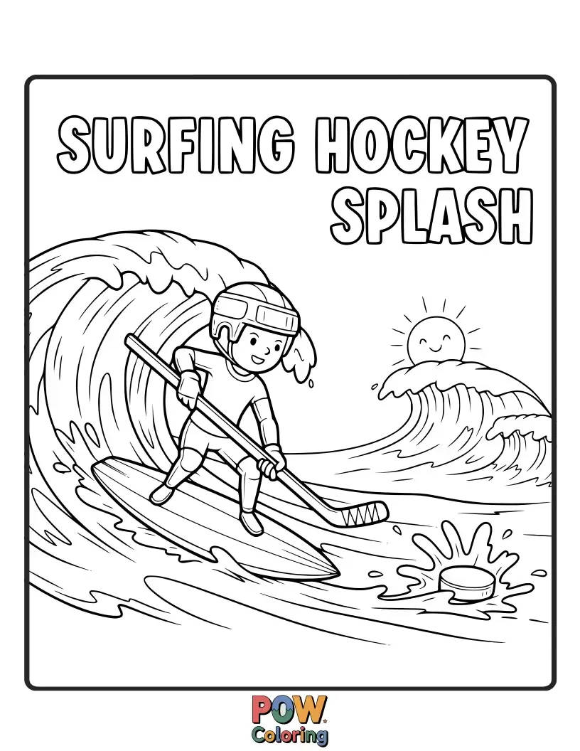 Free coloring page of A dolphin wearing hockey skates "surfing" on a wave of ice, expertly balancing a puck on its nose. Aquatic action!