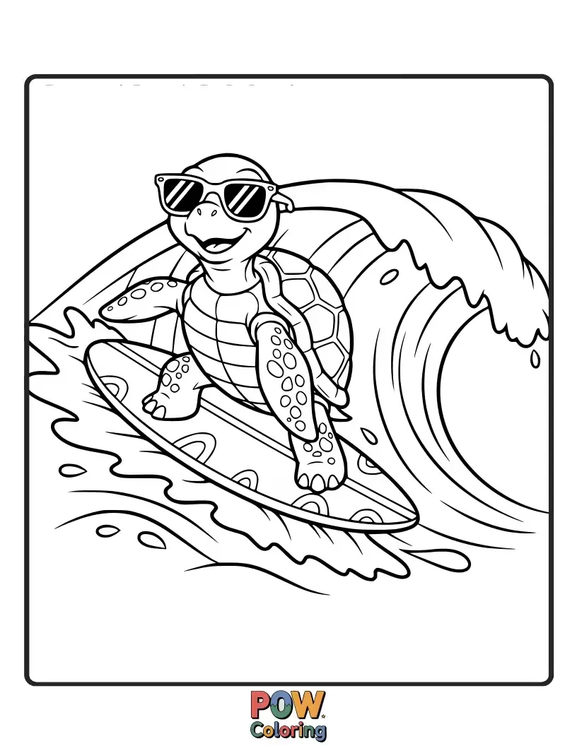 Free coloring page of A cool sea turtle with sunglasses riding a surfboard, catching a perfect wave with a big smile.