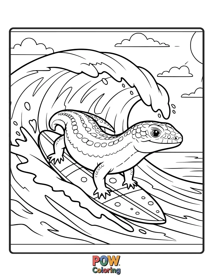 Free coloring page of A cool skink lizard riding a tiny surfboard on a big, splashing wave.