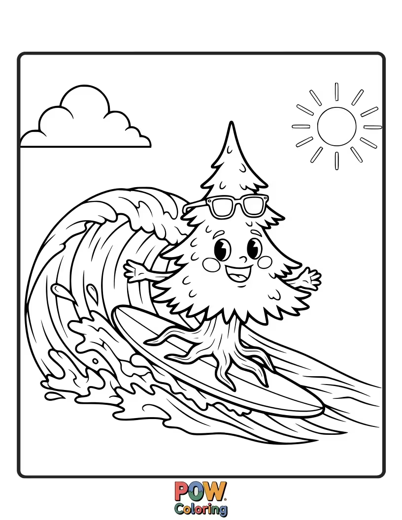 Free coloring page of A spruce tree playfully balancing on a surf wave, its branches like a surfer's arms.