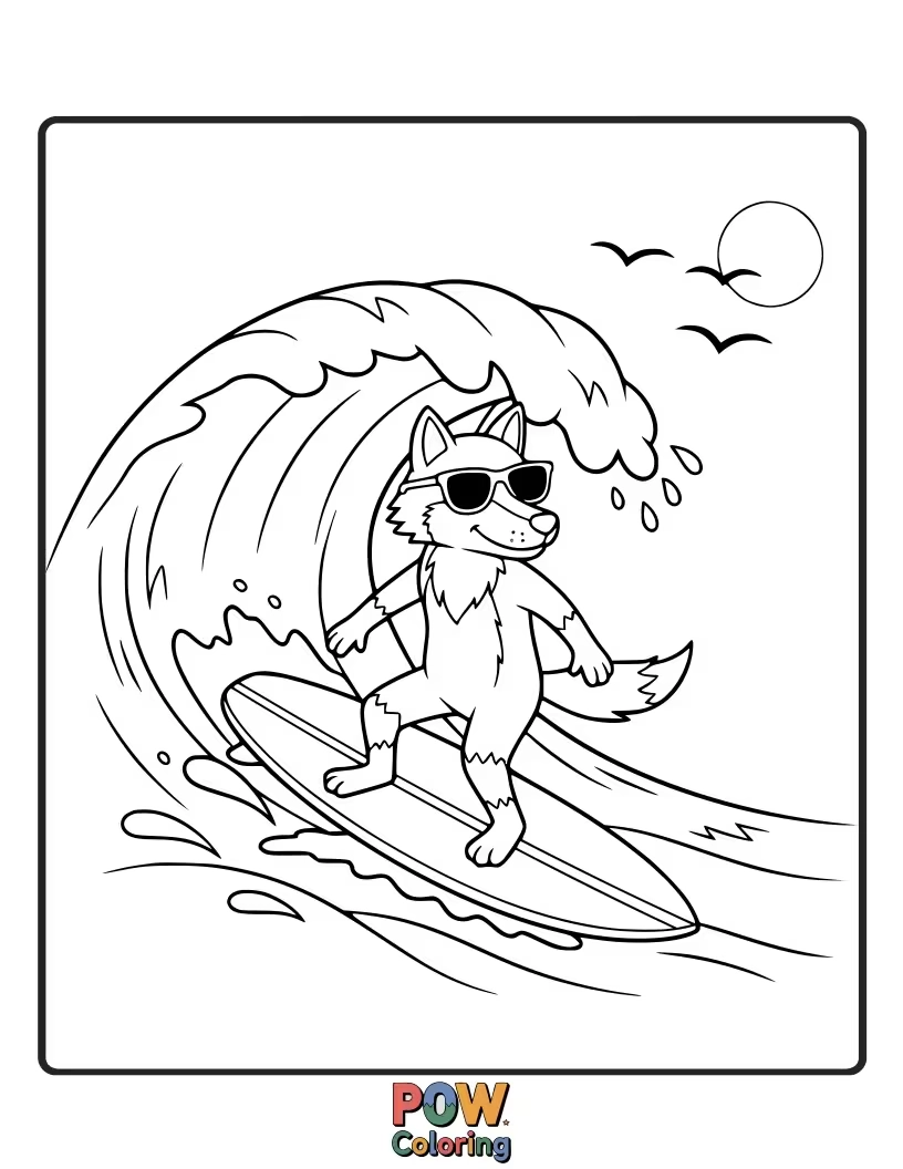 Free coloring page of A cool wolf rides a giant, stylized wave, surfboard under paw.