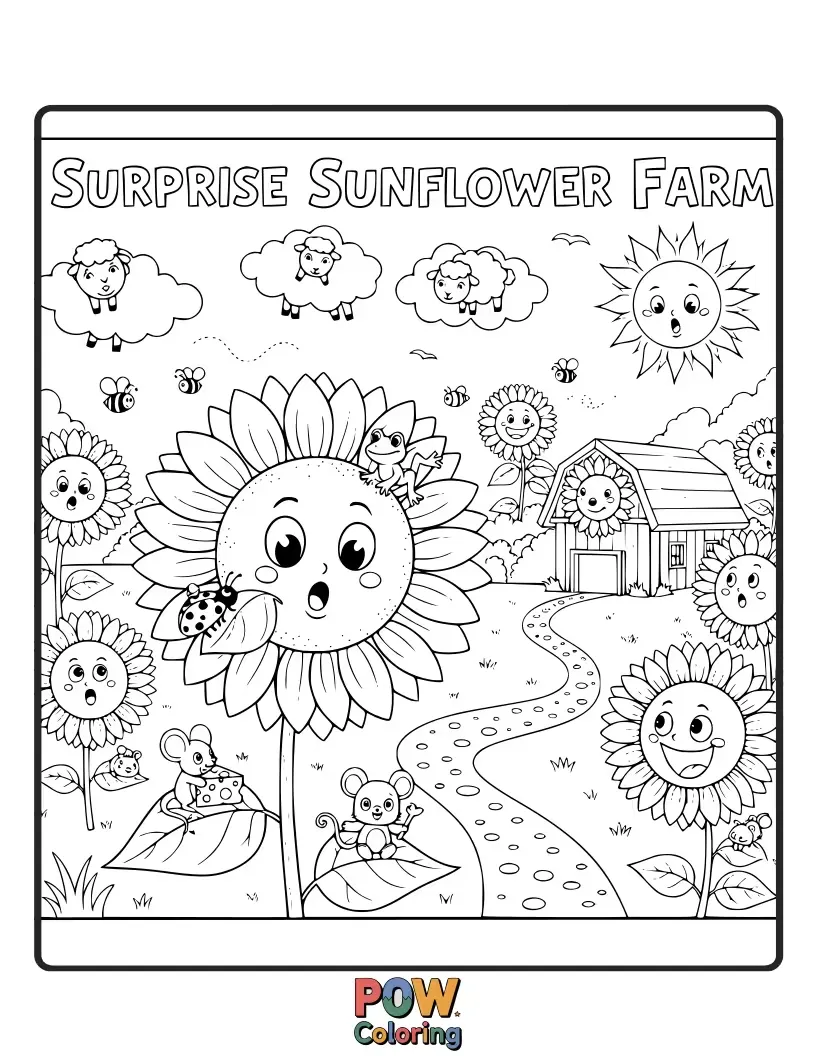 Free coloring page of A giant, smiling sunflower surprising all the farm animals with its cheerful bloom.