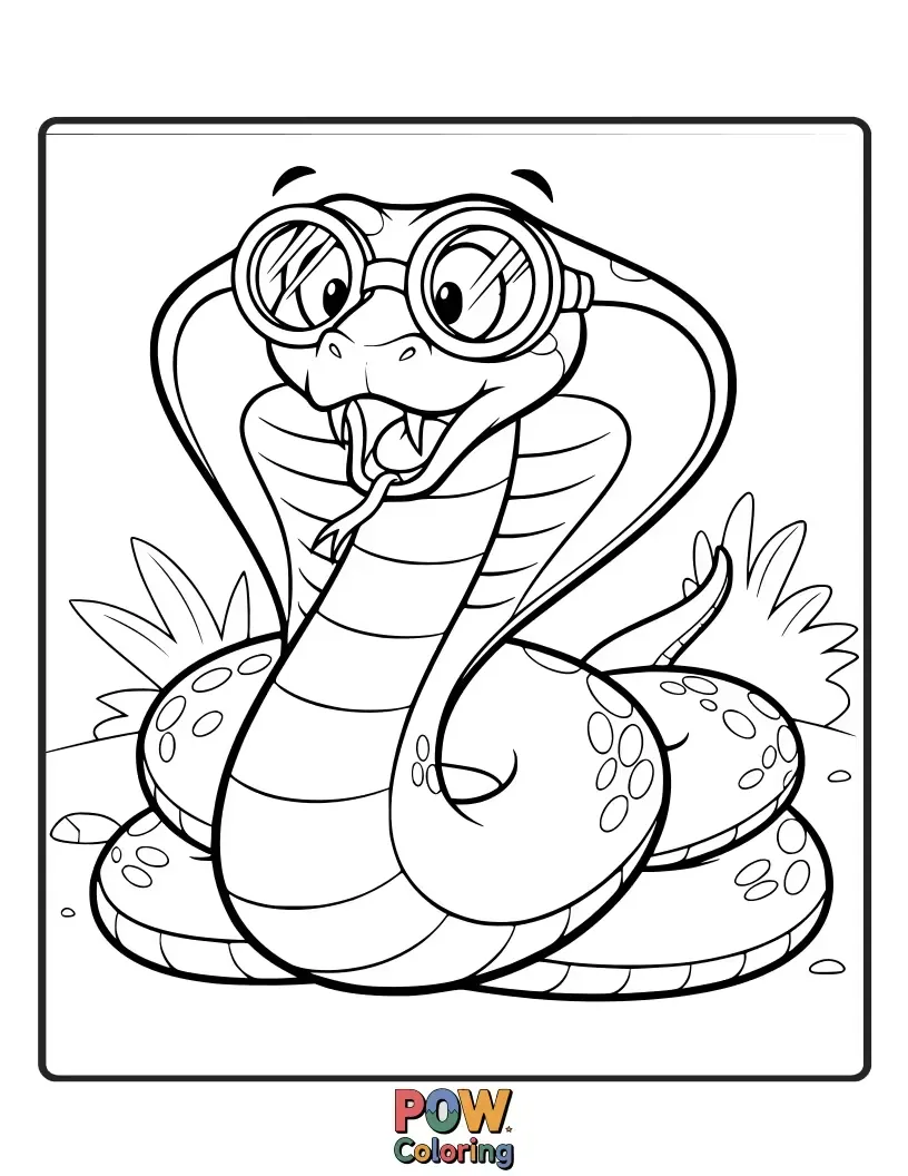 Free coloring page of A funny cobra snake with oversized, comically large goggles on its head, looking utterly surprised.