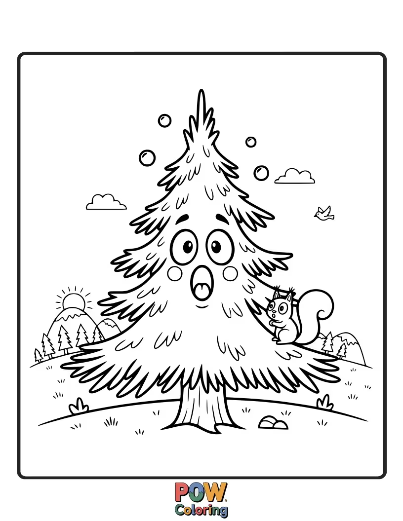 Free coloring page of A Christmas tree shape, but with wide, surprised eyes peeking from behind its branches.
