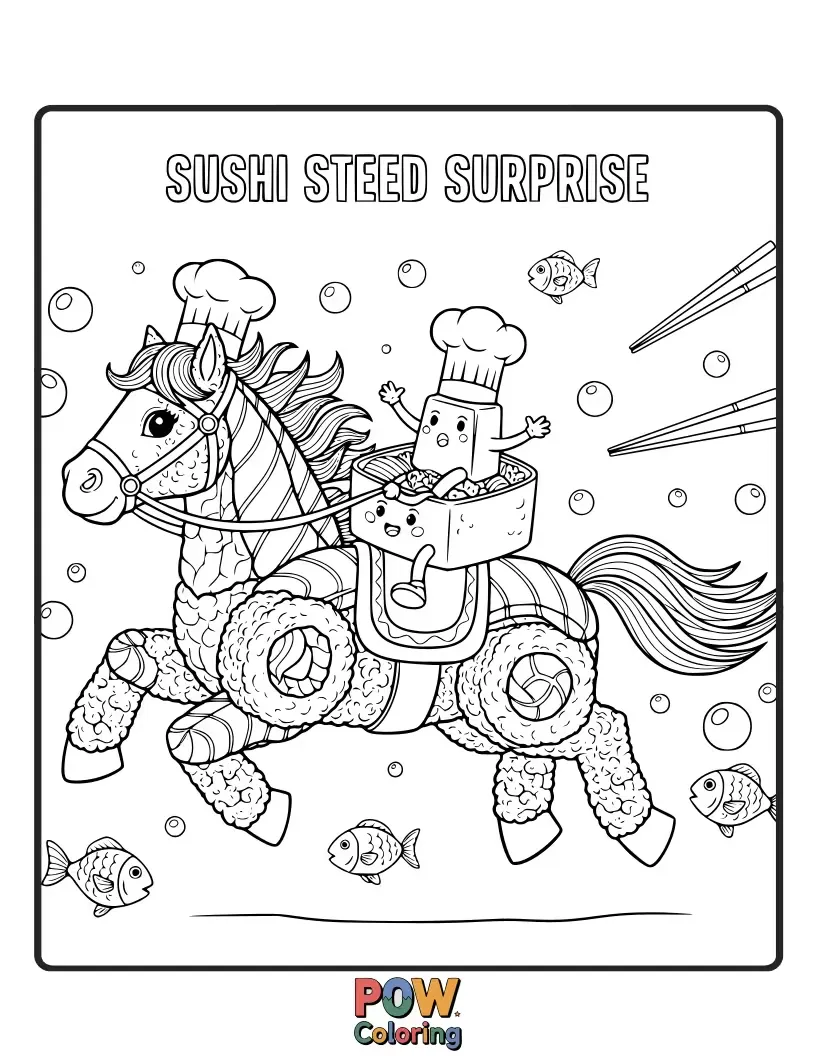 Free coloring page of A whimsical horse made entirely of delicious sushi rolls and ingredients, galloping on a soy sauce river.
