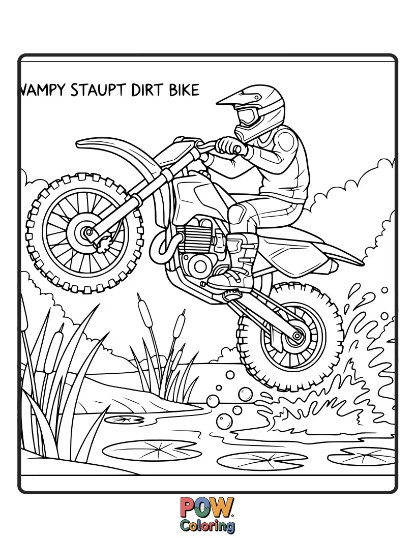 Free coloring page of A dirt bike performing an epic jump over a murky swamp, with gnarled trees and flying dragonflies.
