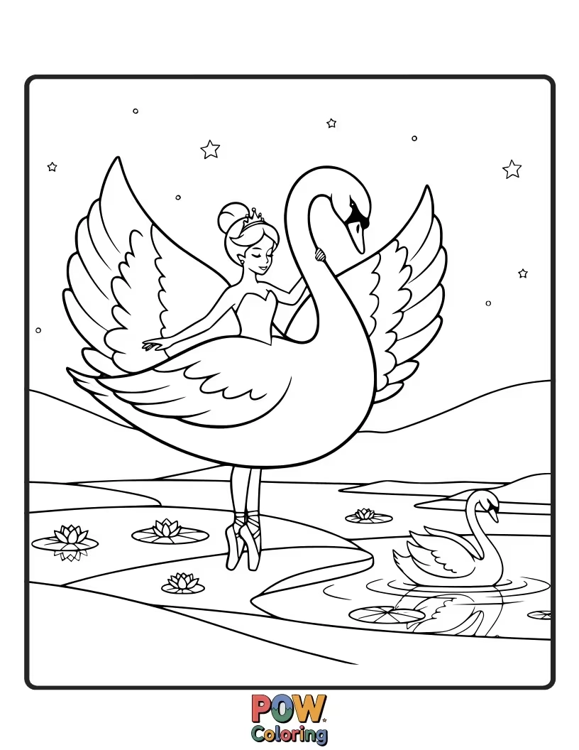 Free coloring page of An elegant princess by a serene lake, with graceful swans swimming nearby.