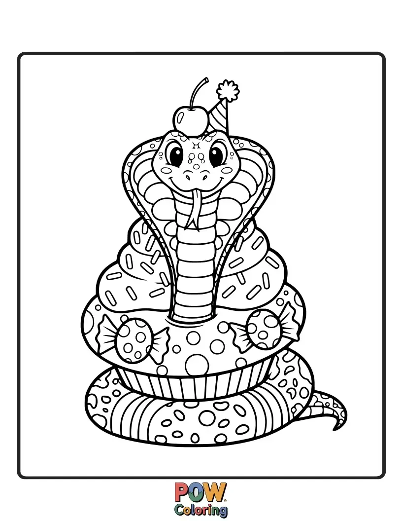 Free coloring page of A cute cobra snake happily munching on a giant, colorful lollipop, its tongue sticking out.
