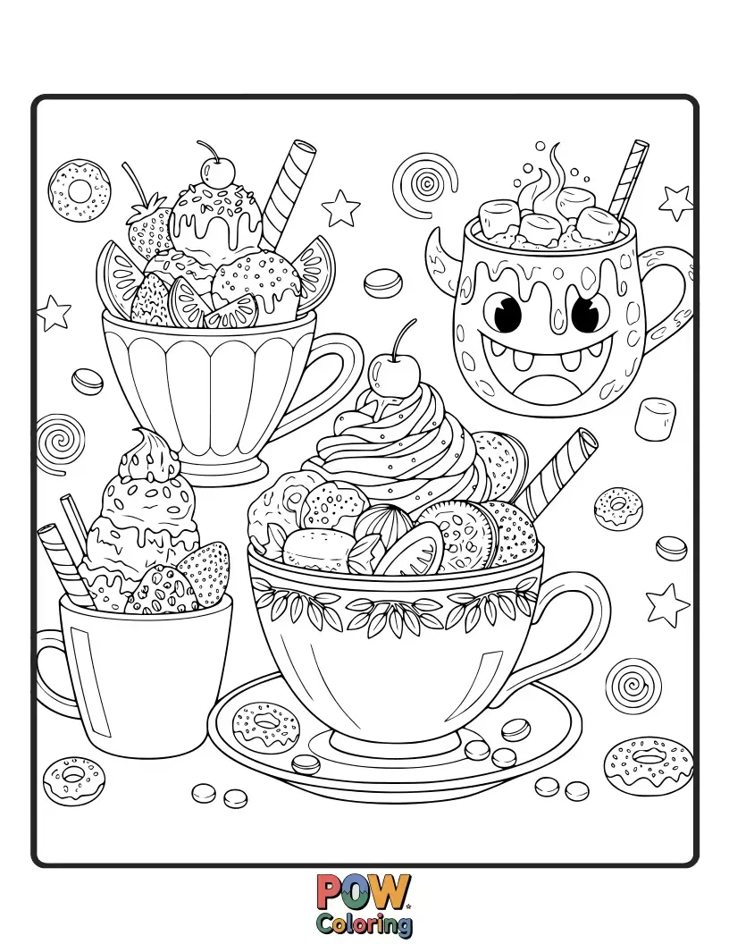Free coloring page of Delightful cups filled with colorful candies, ice cream, and cookies. A deliciously fun coloring experience.