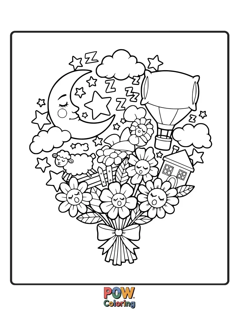 Free coloring page of Moonbeams, stars, and sleepy flowers form this calming bouquet, perfect for bedtime.