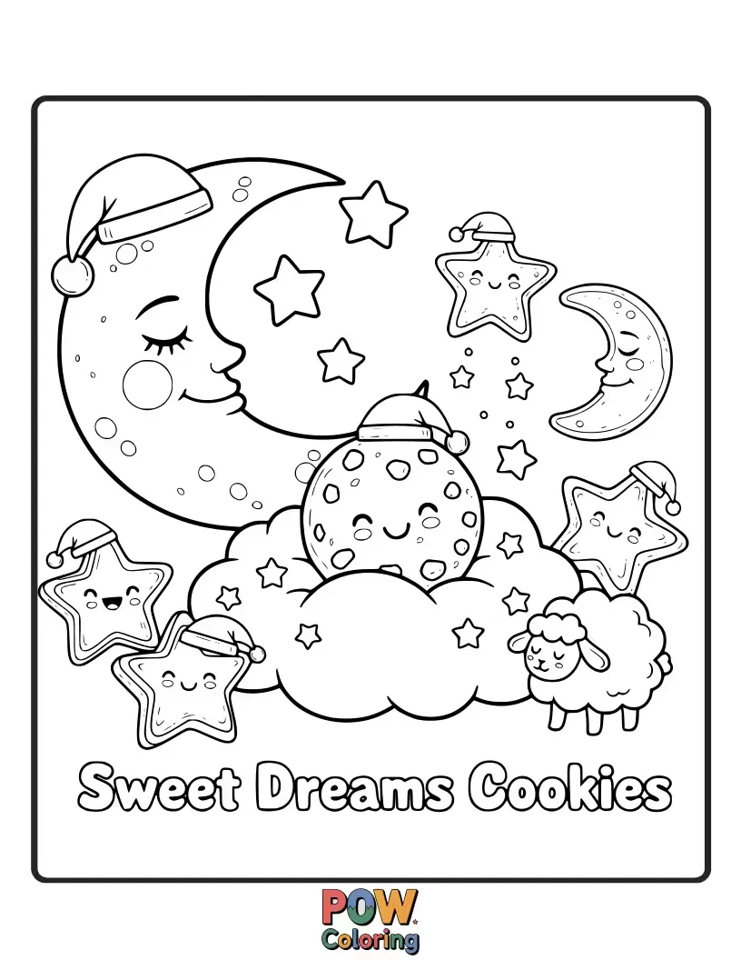 Free coloring page of Peaceful cookies decorated with stars, moons, and sleepy faces. Create a calming, colorful bedtime scene.