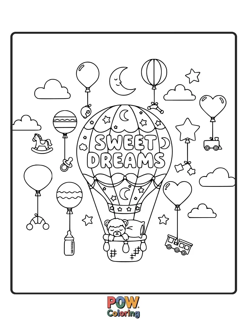 Free coloring page of Gentle hot air balloons with cloud and star designs, perfect for creating a serene nursery-themed coloring page.