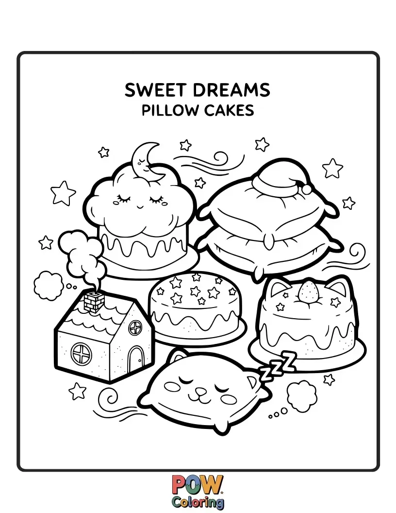 Free coloring page of Cakes shaped like soft pillows, perfect for snuggling with and imagining sweet dreams before bedtime.