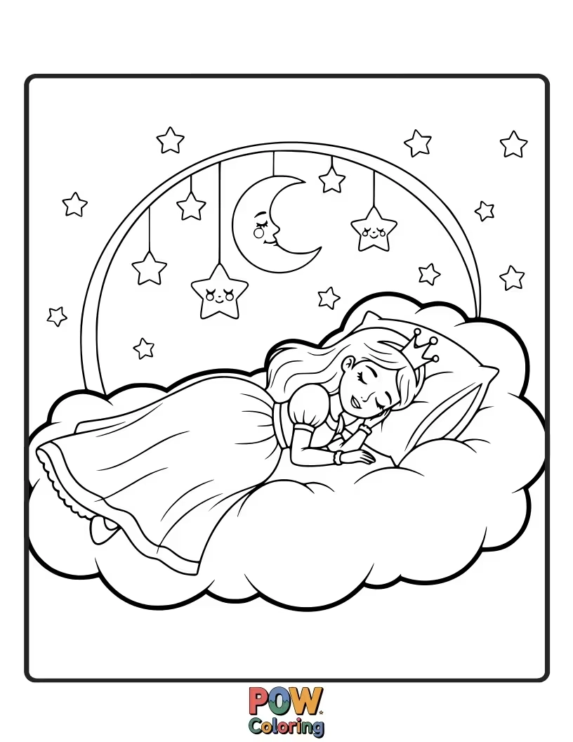 Free coloring page of A peaceful princess sleeping soundly in her grand, canopy bed, dreaming sweetly.
