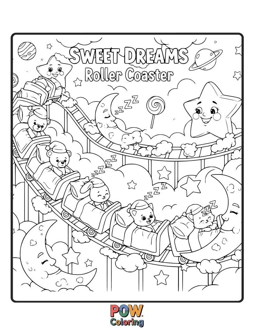 Free coloring page of Drift into a land of sweet dreams on this gentle roller coaster, floating amongst stars and moonbeams.