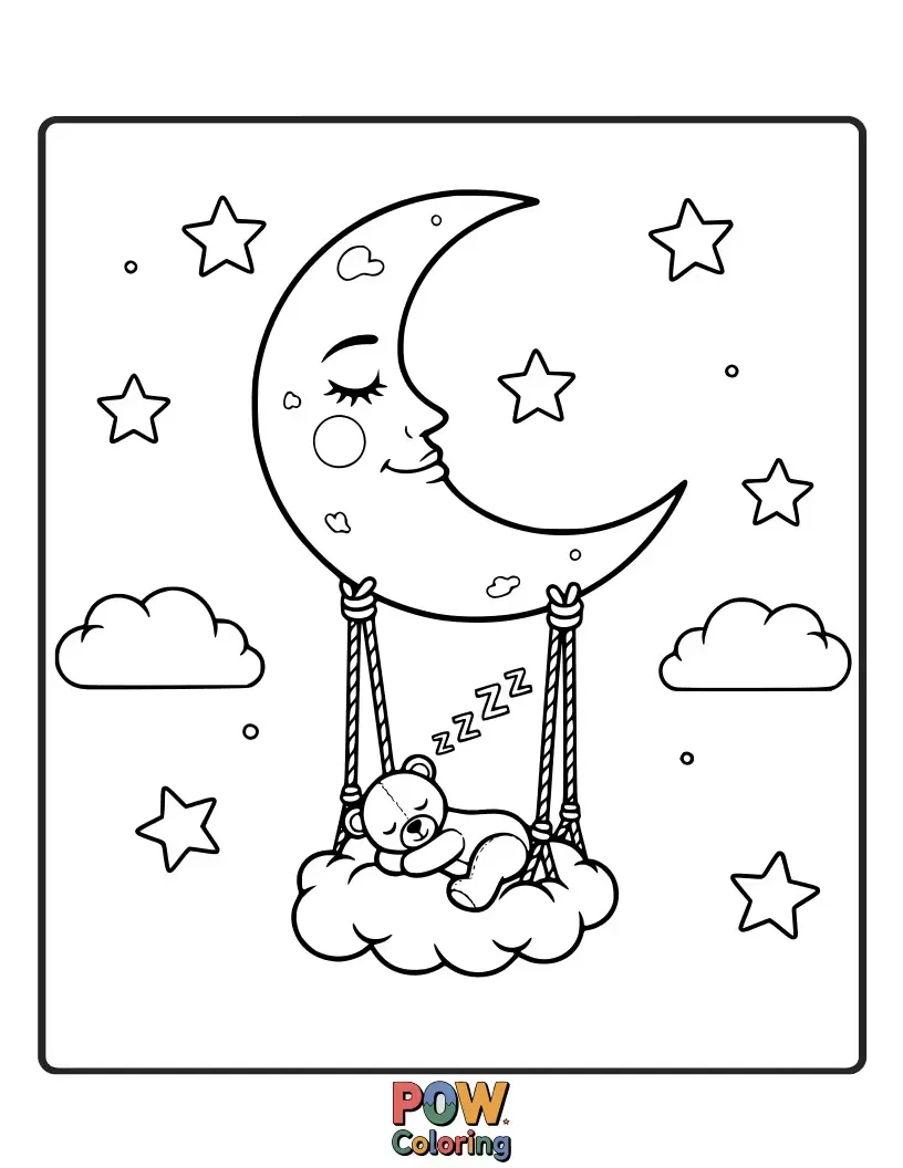 Free coloring page of A soft cloud swing carries a sleeping child through a sky filled with gentle dreams and fluffy sheep.