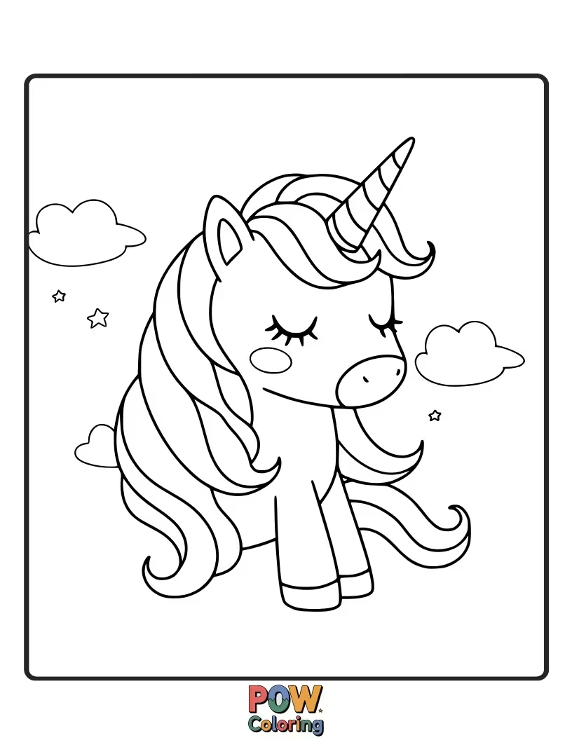 Free coloring page of Peaceful unicorn drifting off to sleep, surrounded by soft pillows and starry dreams.