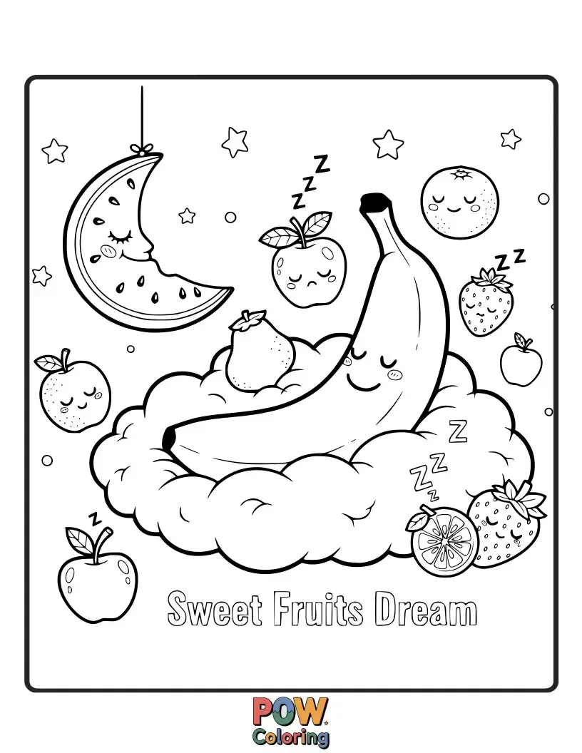 Free coloring page of Cute fruits nestled amongst fluffy clouds and twinkling stars, dreaming sweet fruity dreams.