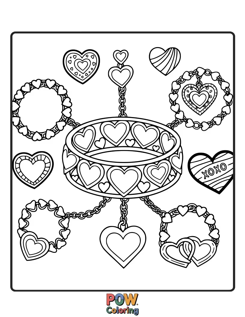 Free coloring page of A row of tiny hearts forms this charming bracelet, each ready for a pop of vibrant color. Love in every link.